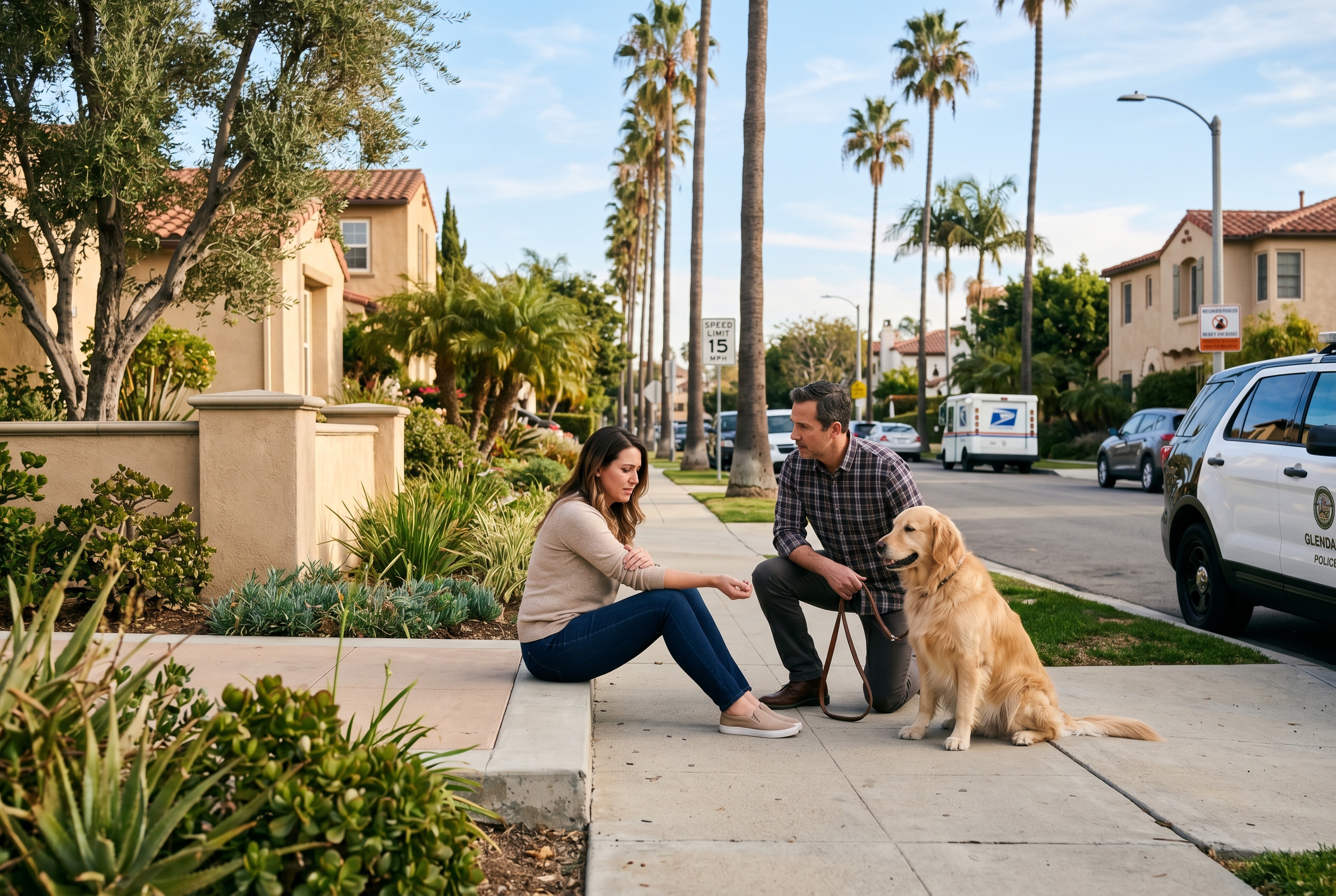 Neighborhood sidewalk scene after a dog bite incident in Southern California