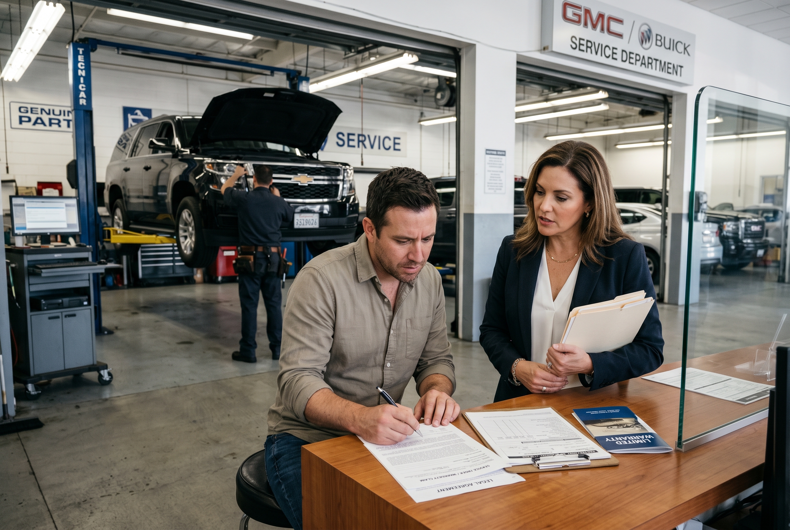 Defective vehicle and paperwork at a Southern California dealership service department