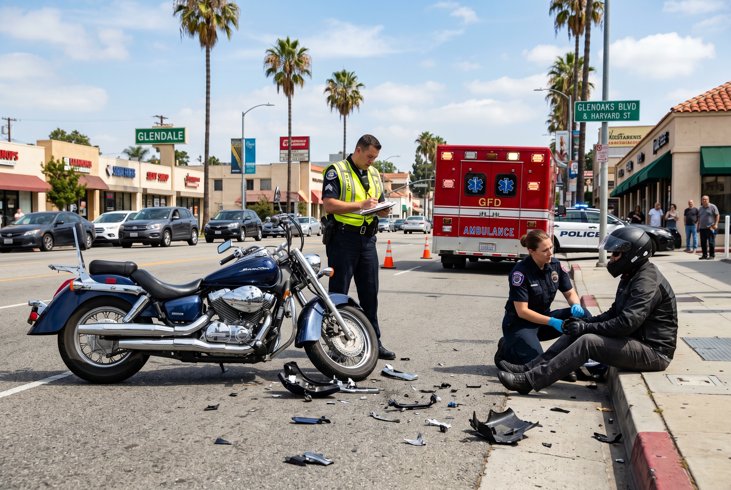 Motorcycle accident aftermath on a sunny Southern California city street