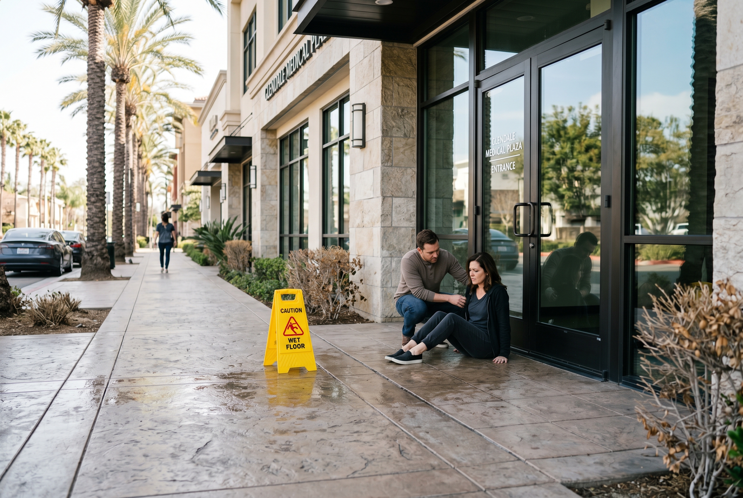 Store walkway with a visible slip hazard in a Southern California commercial area