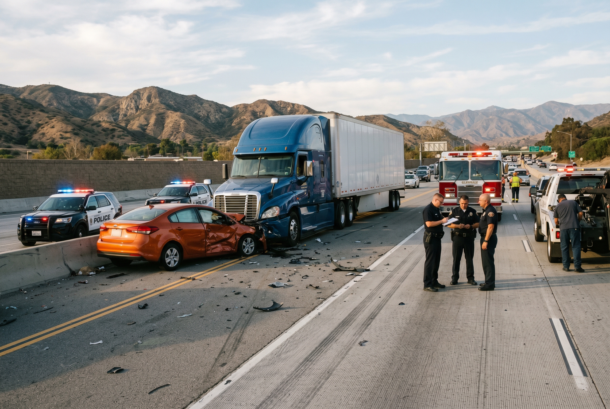 Commercial truck and passenger vehicle after a collision on a Southern California roadway